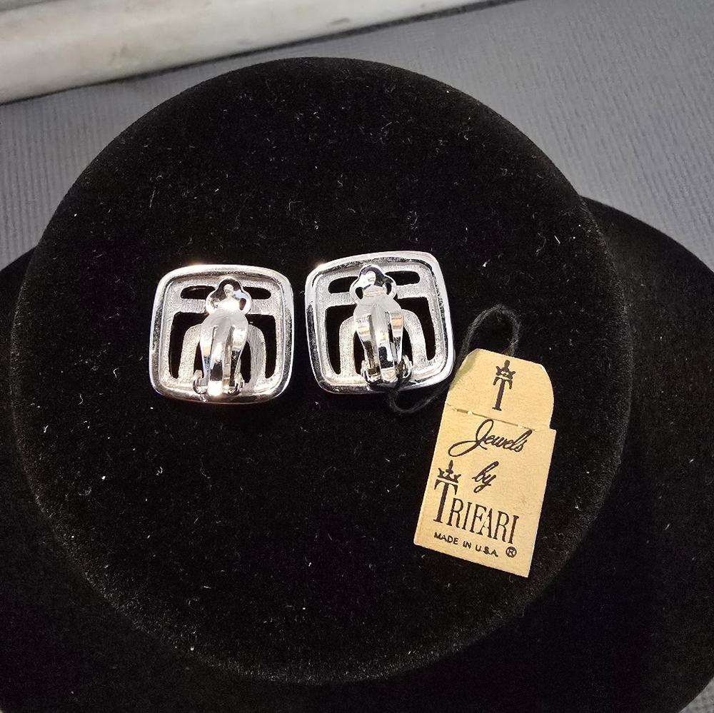 Silver Square Clip-On Earrings by Trifari